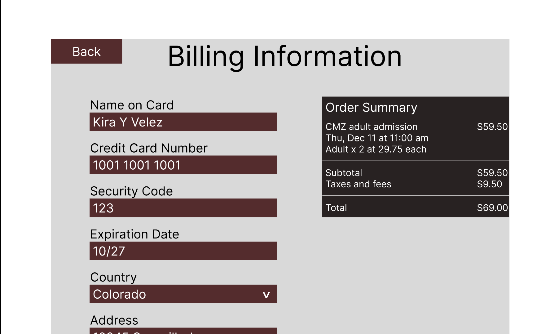 Mid-fidelity billing screen
