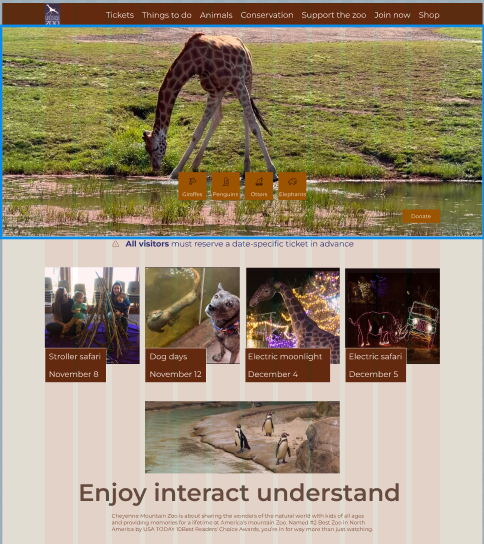 High-fidelity homepage hero and events