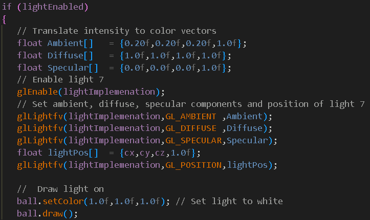 Code snippet showing lighting toggle