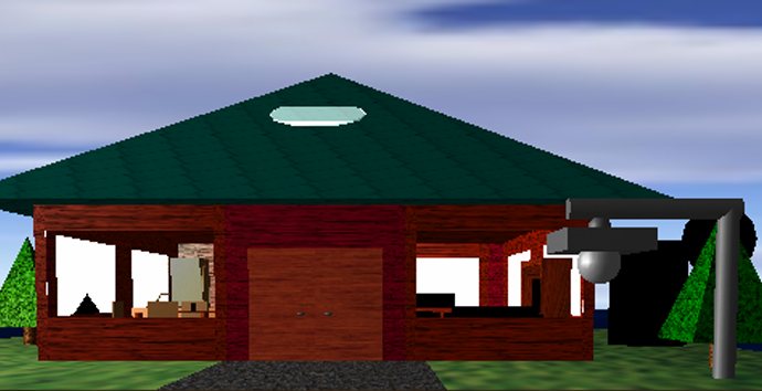 Exterior render of OpenGL Interactive House showing 3D modeled home and environment