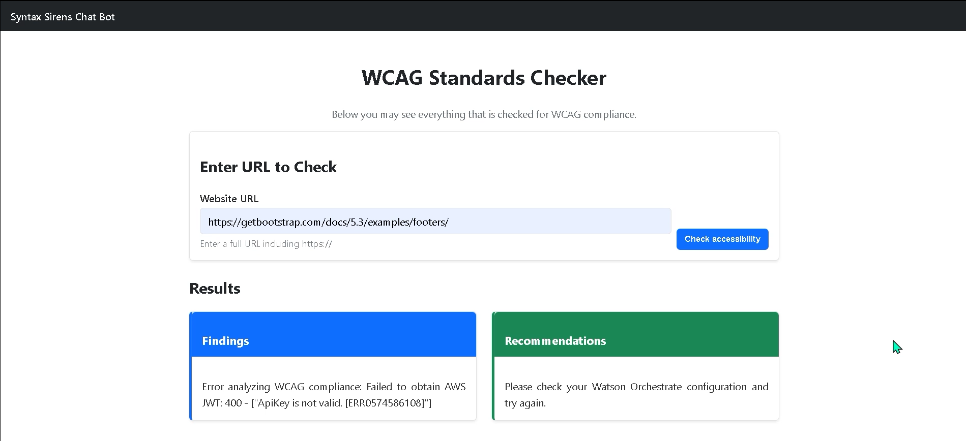 Syntax Sirens accessibility checker interface screenshot